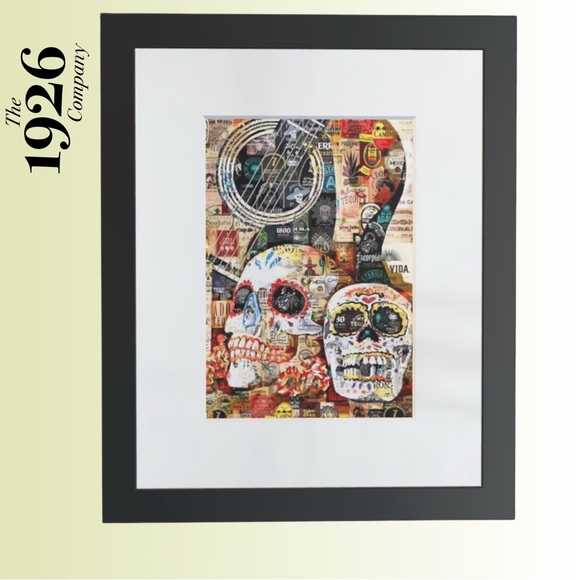 Day of the Dead Skull Collage Wall Art in Black Frame - Picture 1 of 7